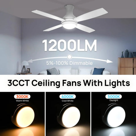 Low Profile 52 Inch Ceiling Fan With LED Lights No Sweat Remote Control Quiet Reversible DC Motor Dimmable 3 Color Temperature