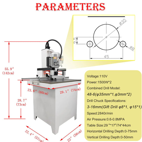 Pneumatic Hole Drilling Machine For Woodworking With Hinge Boring Drill Insertion And 48 6 Combined Drill dimensions