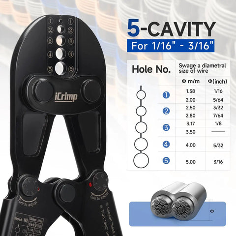 1608B Wire Rope Crimping Tool With Five Die Slots from 1/16 to 3/16 Inches, iCrimp swaging tool with diagram of die sizes