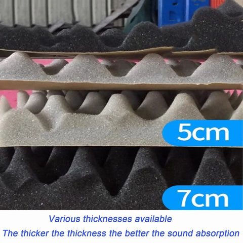 Top Shelf Self Adhesive Soundproofing Egg Crate Foam in various thicknesses, showcasing 5cm and 7cm pyramid shapes for acoustic use.