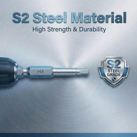 Close-up of a drill bit from the 30 Piece Hex Head Allen Wrench Drill Bit Set With One Quarter Inch Shank Metric And SAE S2 Steel Bits Magnetic Tips 50mm Long For Tough As Nails Drilling And Quick Bit Changes with S2 steel badge.