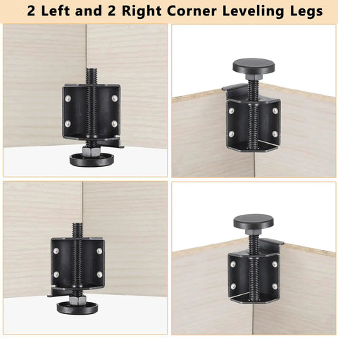 Heavy Duty Adjustable Furniture Leveler Feet With Corner Edge Guards And Tight Lock Nuts, 2 left and 2 right legs for leveling.