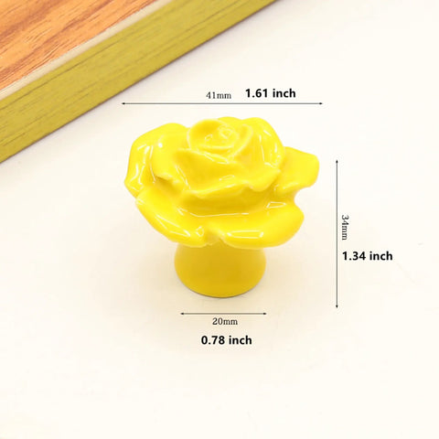 Cute Ceramic Rose Knob Set Yellow Vintage Kitchen Style Drawer Pulls 6 Pack Rose Flower Cabinet Knobs dimensions shown