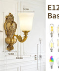 Plug in Wall Sconce, Dimmable Vintage Gold Wall Lamp 0%-100% Brightness with measurements 13.3in height and frosted glass shade.
