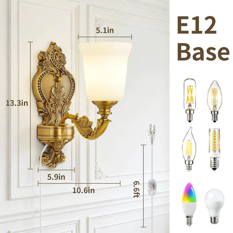 Plug in Wall Sconce, Dimmable Vintage Gold Wall Lamp 0%-100% Brightness with measurements 13.3in height and frosted glass shade.