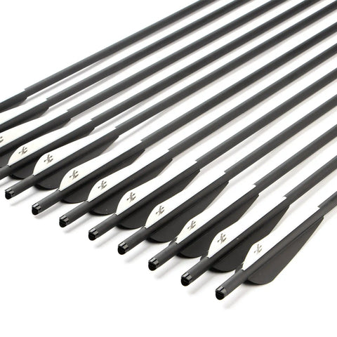 Carbon Crossbow Arrows 16 Inch 12 Pack For Hunting And Target Practice With TPU Vanes arranged in a row