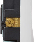 Side view of Decora Plus Rocker Single Pole AC Quiet Switch 20 Amp 120 to 277 Volt 5621 2W White with screws and wiring features.