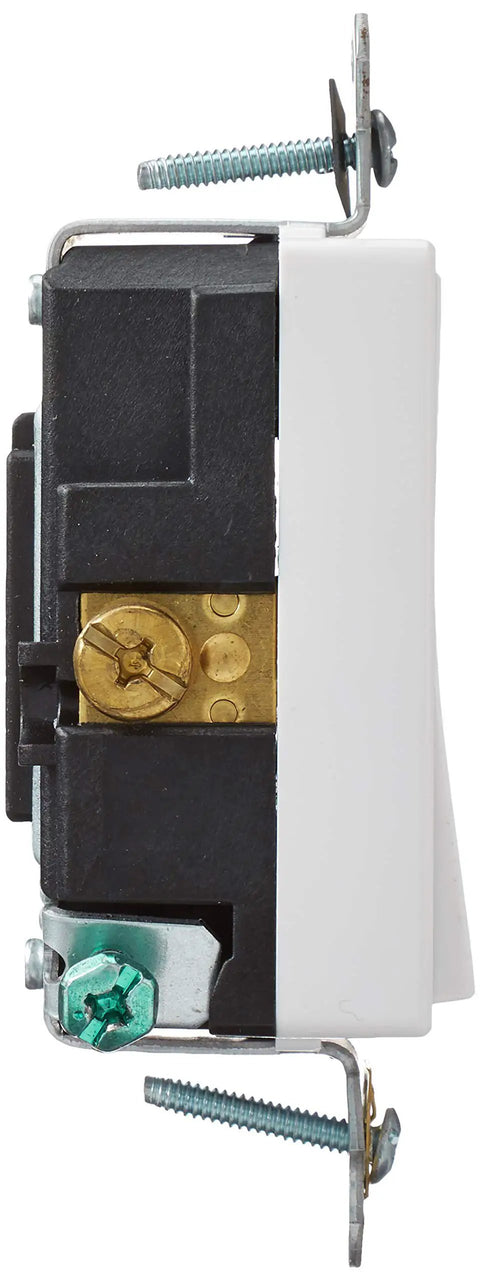 Side view of Decora Plus Rocker Single Pole AC Quiet Switch 20 Amp 120 to 277 Volt 5621 2W White with screws and wiring features.