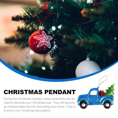 Festive Pickup Truck Ornament With Christmas Tree Decor Iron And Glass Hanging Keepsake next to Christmas tree and red bauble