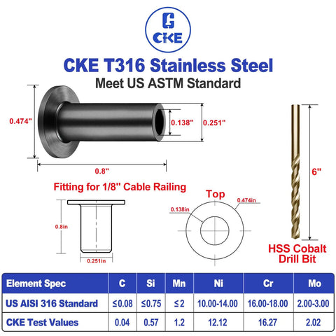 Diagram of 120 Pack T316 Black Stainless Steel Rugged Protector Sleeves dimensions, includes specs and HSS Cobalt Drill Bit