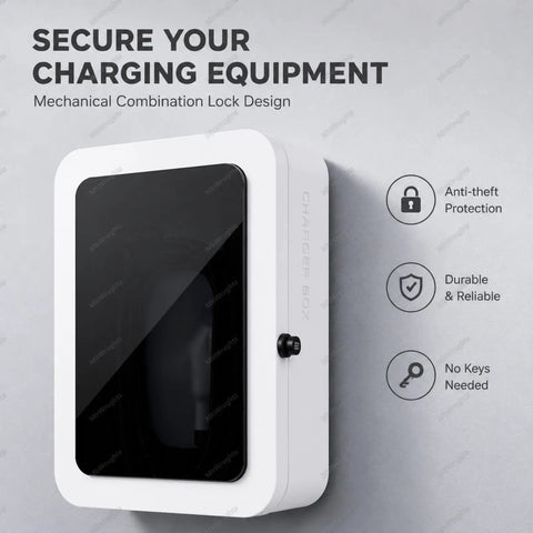 Heavy Duty EV Charger Enclosure With Combo Lock And Cable Keeper, Wall Mount Shell For Tesla And Level 2 Plugs, sleek white design.