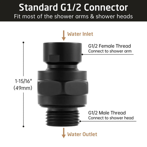 Brass Shower Head Swivel Ball Joint Connector Adapter Adjustable High Flow Shower Arm Attachment Heavy-Duty Pro Grade Brass Body Leak Free 7.8 GPM At 60 PSI Easy Install, black G1/2 adapter, 49mm