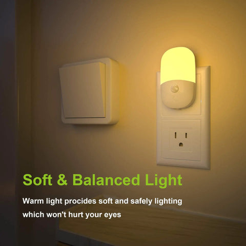 Plug In Motion Sensor Night Light Two Pack With Dusk To Dawn, Dimmable Soft Warm White LEDs, 3 Brightness Levels on wall