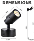 Two Pack Led Indoor Spotlight 120V 3W 3000K Warm White Uplight dimensions with cords and spotlight size details