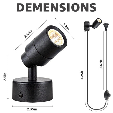Two Pack Led Indoor Spotlight 120V 3W 3000K Warm White Uplight dimensions with cords and spotlight size details