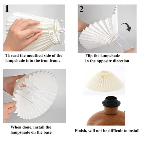 Assembly instructions for Cute Small Pleated Desk Lamp With Beige Shade, wood pattern metal base, 110-120V, cozy vibe for home.