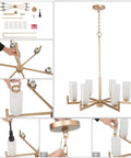 Six Light Gold Chandelier With White Frosted Glass Shades assembly for dining room, living room, kitchen, bedroom modern chic fixture