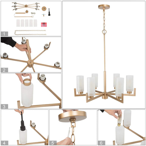 Six Light Gold Chandelier With White Frosted Glass Shades assembly for dining room, living room, kitchen, bedroom modern chic fixture