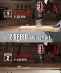 Brushless 20V Cordless Drill Driver Kit With 2.0Ah Battery And Charger demonstrating dual speed settings on wood