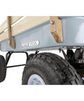 Close-up of wheel and frame of Beefy Heavy Duty Wagon With 14 By 32 Inch Steel Box, 10 Inch Pneumatic Wheels, High Wooden Sides
