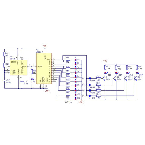 Circuit diagram for DIY SMD SMT Welding Practice Soldering Skill Training Board With Water Lamp Circuit Demonstration And Backside Ruler