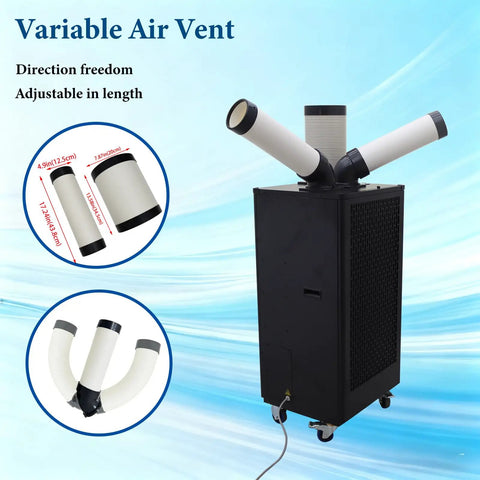 Heavy Duty 220V Industrial Air Conditioner 15400 BTU Portable Spot Cooler with 8L Water Tank and 780 Cubic Meters Per Hour Airflow showing adjustable air vents.