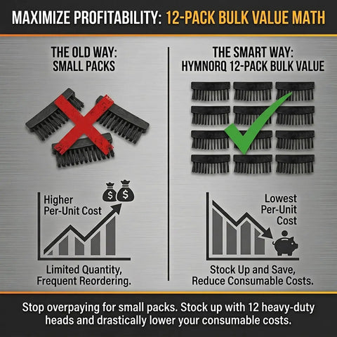 Infographic comparing old small packs with 12-Pack Replacement Wire Brush Heads For Welding Chipping Hammers savings.