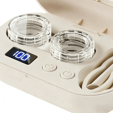 Close-up of Ultrasonic Contact Lens Cleaner Machine For Home And On The Go Portable Electric Lens Cleaner with digital display and buttons.
