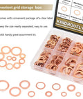 Copper Washer Set 225 Pieces With Seven Sizes M5 To M16 in storage box, ideal for plumbing, automotive, DIY projects, corrosion resistant.