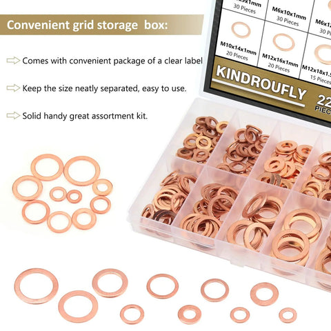 Copper Washer Set 225 Pieces With Seven Sizes M5 To M16 in storage box, ideal for plumbing, automotive, DIY projects, corrosion resistant.