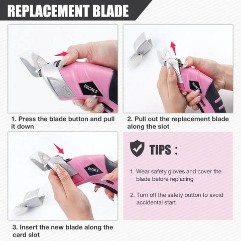 Instructions for replacing blades on Hot 4V Cordless Electric Scissors With 3 Sharp Blades For Fabric And Cardboard.
