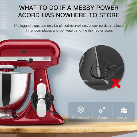 Red mixer with Three Pack Cord Organizer For Kitchen Appliances Stick On Cord Holder And Winder Cable Organizer attached