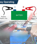 Diagram showing Jumper Cable Clamps Kit For 24V Battery Jump Starter Beefed Up Heavy Duty Automotive Booster Cables 6 Ft 12 AWG connected to car battery.