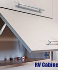 Heavy Duty Gas Struts 2 Pack 8 Inch 55 Lb Lift Supports Silver Tone in RV cabinet lid propped open