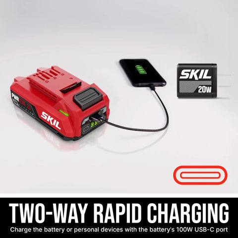 Compact Brushless Flip Drill Driver charger showing USB-C compatibility with power bank and outlet adapter.
