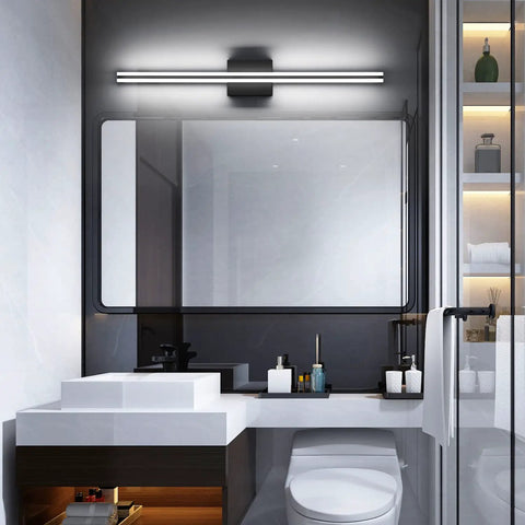 32 Inch Black LED Vanity Light Bar For Bathroom Mirror, 20W Dimmable Over Mirror Fixture, mounted in modern bathroom