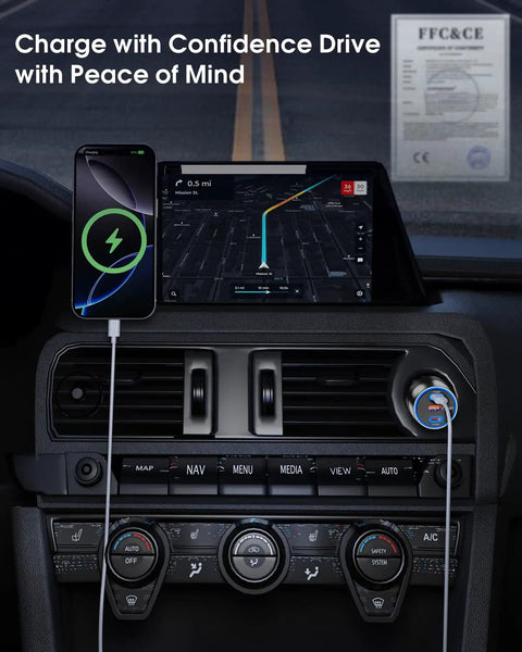 Durable Three Port USB C Car Charger 102W Rapid Fire Juicing Adapter plugged into car dashboard charging smartphone.