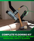 2 In 1 Flooring Nailer And Stapler For 16 Gauge L Shaped Cleats And 15.5 Gauge One Half Inch Staples on wooden planks with mallet