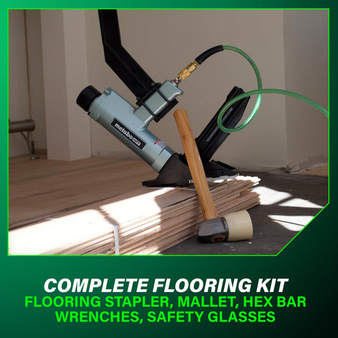 2 In 1 Flooring Nailer And Stapler For 16 Gauge L Shaped Cleats And 15.5 Gauge One Half Inch Staples on wooden planks with mallet