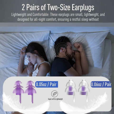 Couple sleeping peacefully with Ultra Soft Sleep Ear Plugs 2 Pairs With 32 dB And 30 dB Noise Reduction Cushioned Silicone Mold visible.