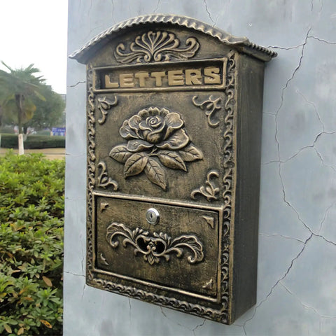 Vintage Wall Mounted Mailbox With Lock Cast Aluminum Outdoor Letter Box with rose design on wall