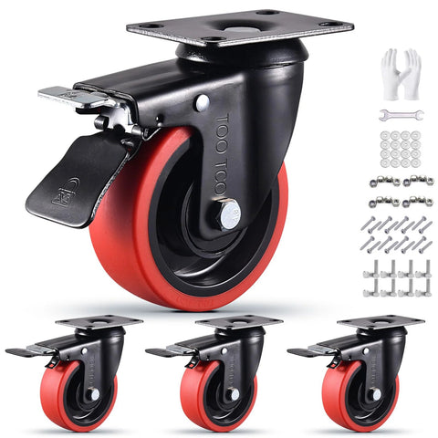 Heavy Duty 4 Inch Swivel Casters Set Of 4 With Brakes, 2200 Lb Capacity, Silent TPR Rubber Wheels, Industrial Plate Castors With Accessories