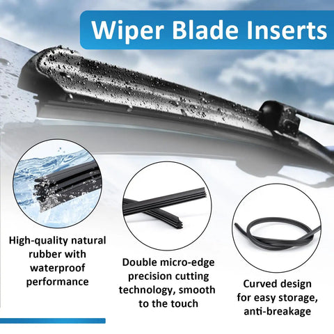 Close-up of 28 Inch Wiper Blade Refill Set with waterproof natural rubber and Teflon graphite treatment for cars and trucks.