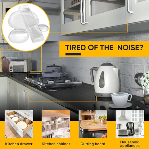 Ditch The Noisy Door Slams With These Clear Silicone Cabinet Bumpers, Self Adhesive Anti Bang Pads For Quieter Drawers And Furniture, 128 Tranquil Home Upgrade Pack in kitchen setting.