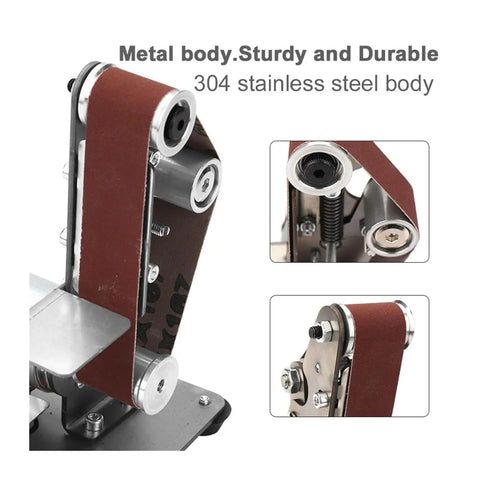 Close-up of electric belt sander with 304 stainless steel body, showcasing durable design and sanding belt for polishing and grinding.