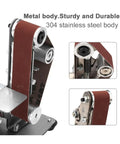 Close-up of Rock Solid Mini Belt Sander with 304 stainless steel body, featuring a replaceable abrasive belt and durable components.