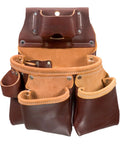 Left Handed 3 Pouch Pro Tool Bag With Tape Holder 11 Pockets And Tool Holders Heavy Duty Carpenters Organizer For Hammer Level Pencils And Tape Measures Made In USA, showing brown leather design.