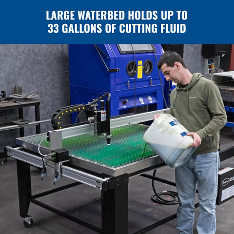 Man pouring fluid into Versa Cut 4x4 CNC Plasma Table With 40A Plasma Cutter And Cutting Torch All In One Pro Grade Dual Voltage