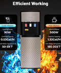 All In One 5 Gallon Bottom Load Water Dispenser With Hot Cold And Room Temperature Water 500 Watt Heating And Child Safety Lock Standing Water Cooler For Home And Office Champagne Gold showcasing temperature and efficiency features