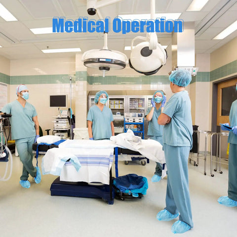 Medical team wearing Stretchable Disposable Shoe Covers Grippy No Slip Booties Thick Durable Protection For Indoors Outdoors Blue One Size Fits Most Mens 12 Womens 13 Ideal For Medical Real Estate Construction Floors And Carpets in operating room.